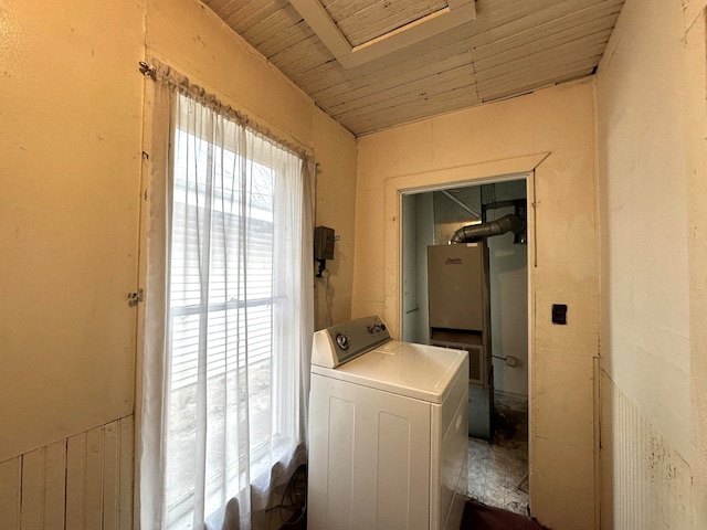 laundry area with wood ceiling and washer / dryer