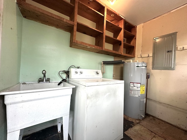 washroom with electric panel, electric water heater, sink, and washer / dryer