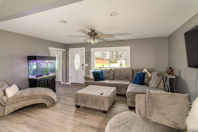 living room featuring ceiling fan and hardwood / wood-style flooring