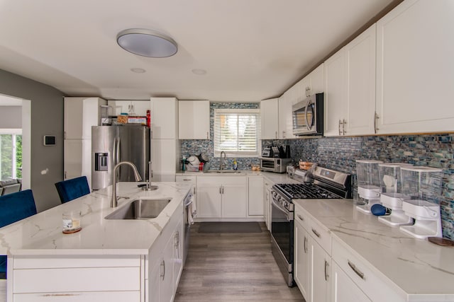 kitchen with stainless steel appliances, a kitchen island with sink, and sink