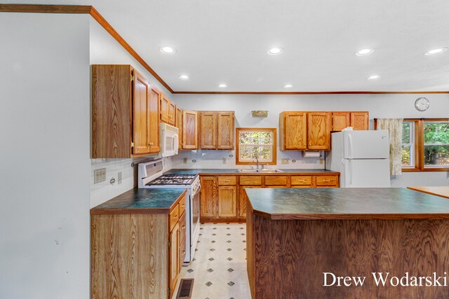 kitchen featuring backsplash, crown molding, sink, and white appliances