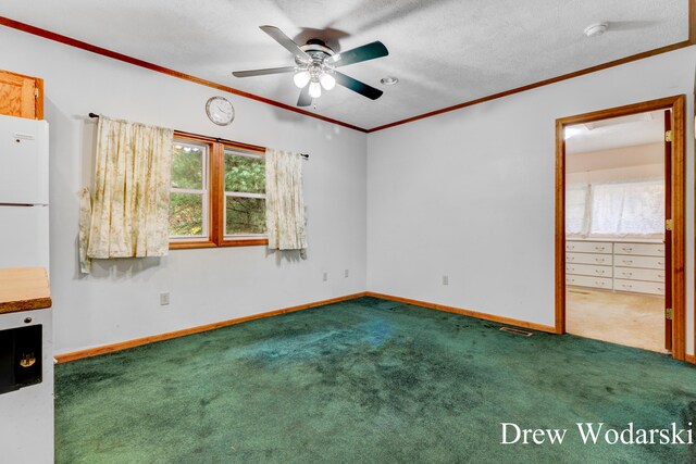 carpeted spare room with crown molding, ceiling fan, and a textured ceiling