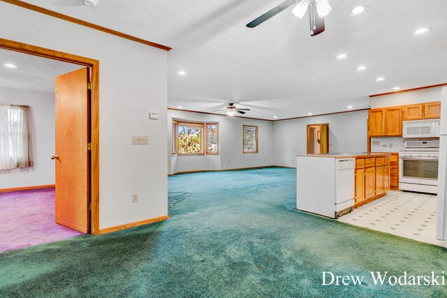 kitchen featuring ceiling fan, light colored carpet, white appliances, and ornamental molding