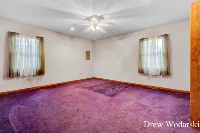 carpeted empty room featuring electric panel, ceiling fan, and a textured ceiling