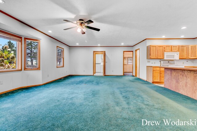 unfurnished living room with crown molding, ceiling fan, and light carpet