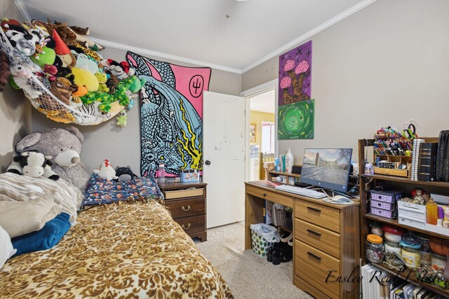 bedroom with light colored carpet and ornamental molding
