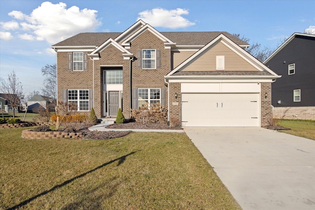 view of front of property with a garage and a front lawn