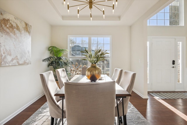 dining room with a tray ceiling, dark hardwood / wood-style floors, and a notable chandelier