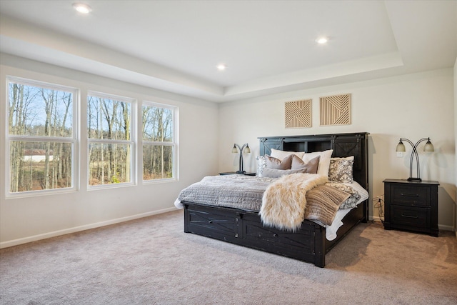 carpeted bedroom with a tray ceiling