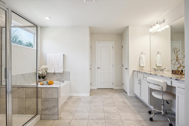 bathroom featuring vanity, tile patterned floors, and independent shower and bath