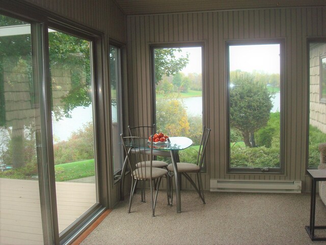 sunroom / solarium with a water view and baseboard heating