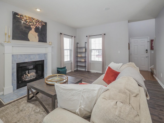 living room featuring wood-type flooring and a tile fireplace