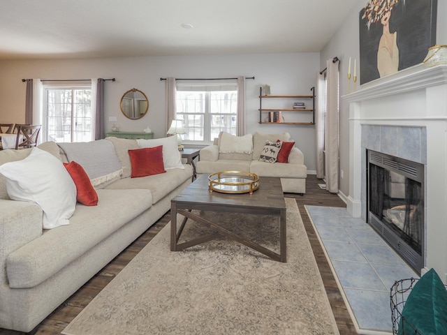 living room with a fireplace, plenty of natural light, and dark wood-type flooring