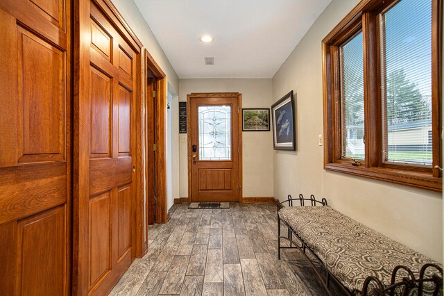 doorway with wood-type flooring