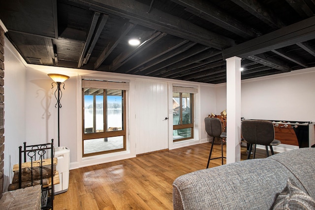 basement featuring light wood-type flooring