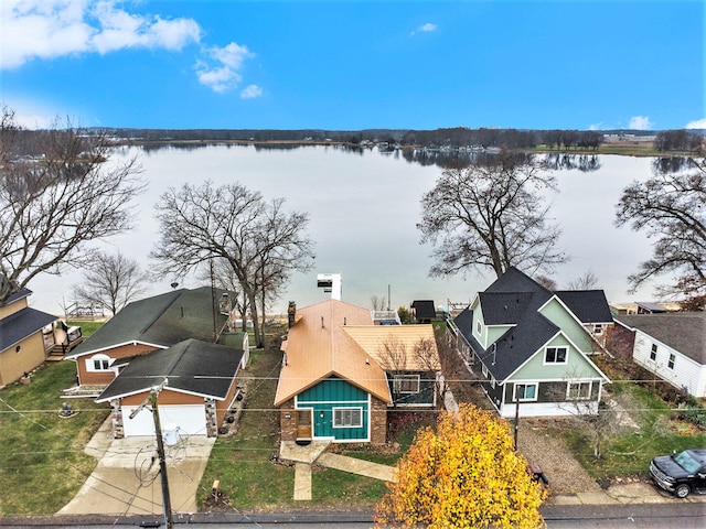 bird's eye view with a water view