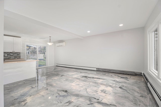 interior space featuring beamed ceiling, an AC wall unit, and a baseboard radiator