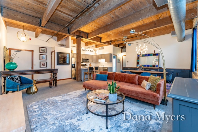 living room featuring beamed ceiling and wooden ceiling