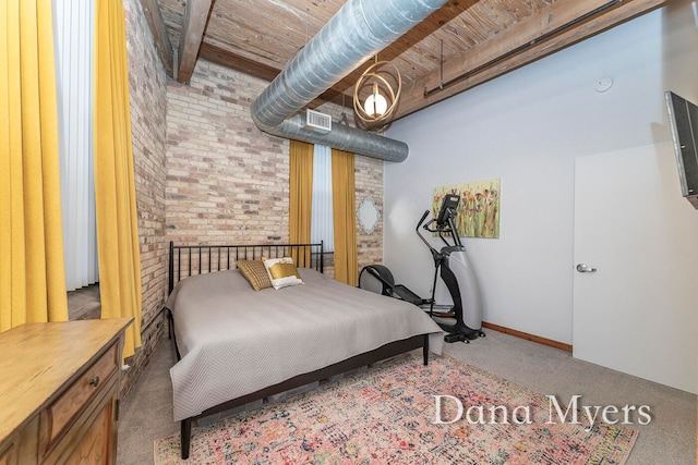 carpeted bedroom featuring beamed ceiling, wood ceiling, and brick wall