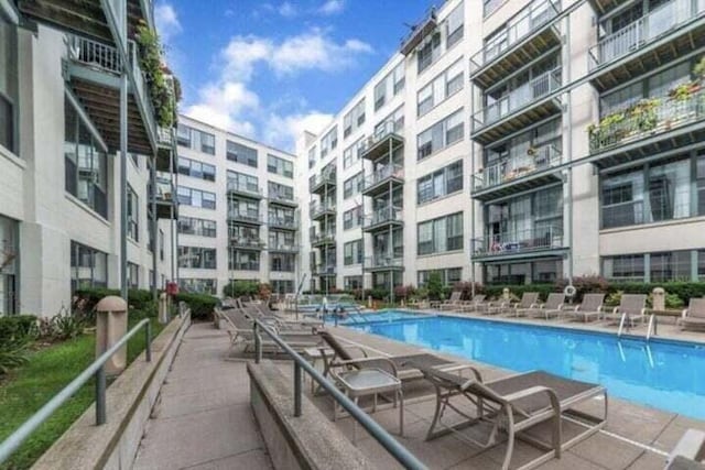 view of pool featuring a patio