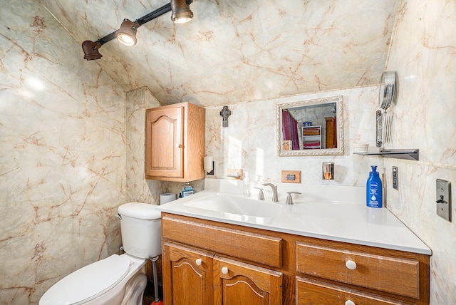 bathroom with vanity, tile walls, and toilet