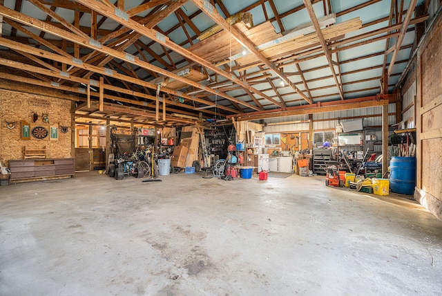 garage with a workshop area