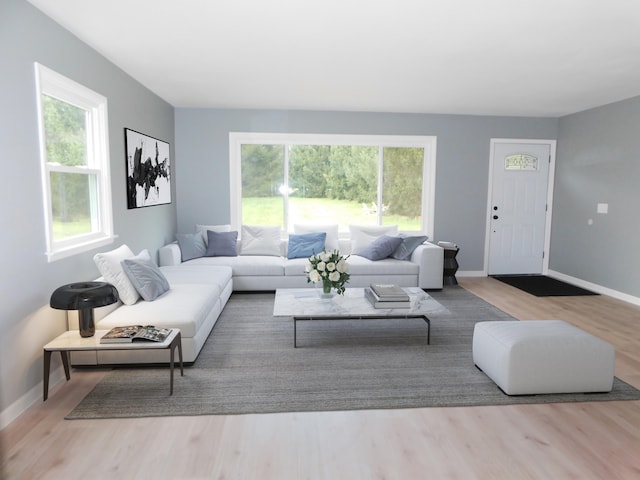 living room featuring light wood-type flooring and a healthy amount of sunlight