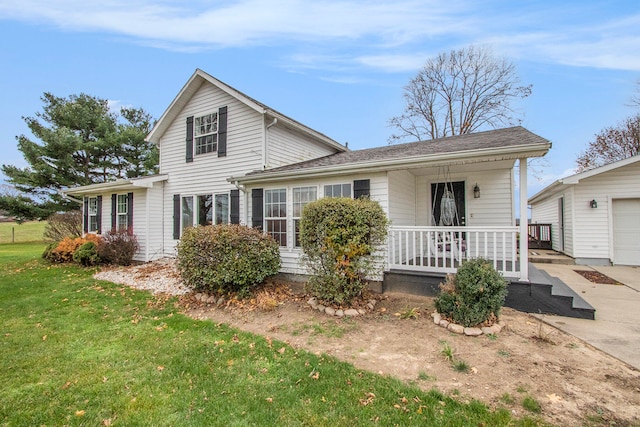 view of front of home with an outbuilding, a garage, a front lawn, and covered porch