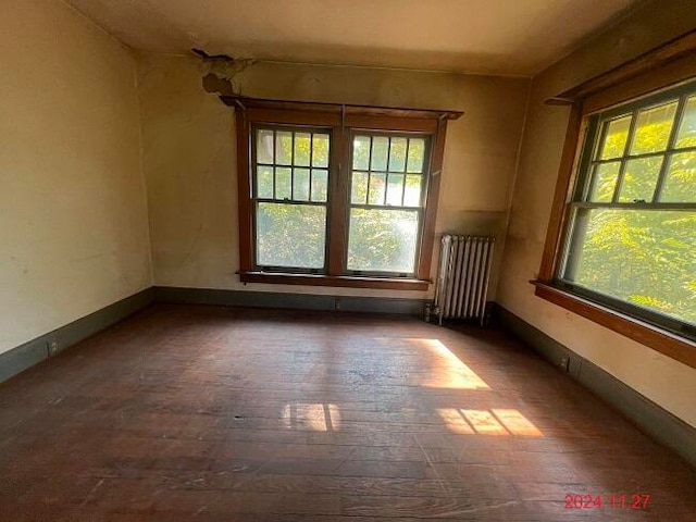 spare room with radiator heating unit, dark hardwood / wood-style floors, and a wealth of natural light