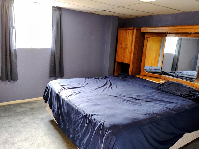 bedroom featuring a drop ceiling and carpet floors