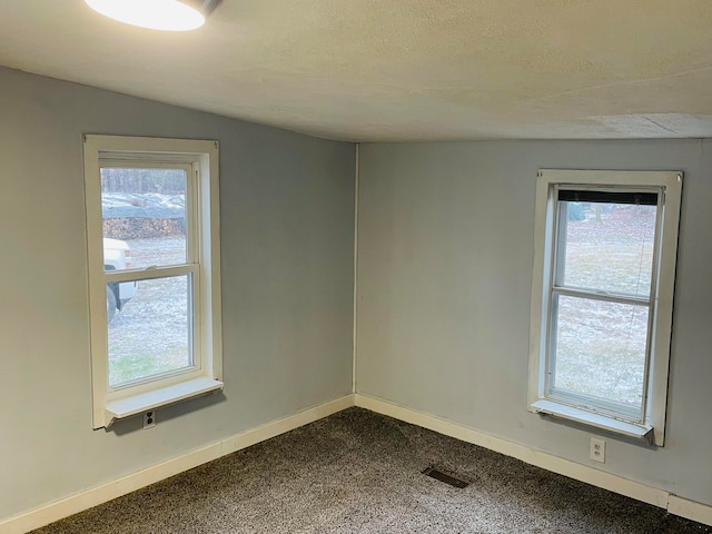 carpeted spare room featuring a textured ceiling and lofted ceiling