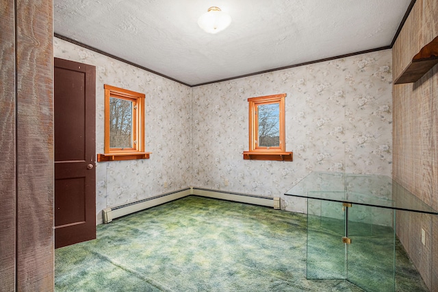 empty room with carpet, a baseboard heating unit, a textured ceiling, and ornamental molding