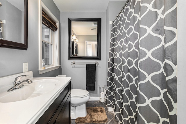 bathroom featuring tile patterned flooring, vanity, and toilet