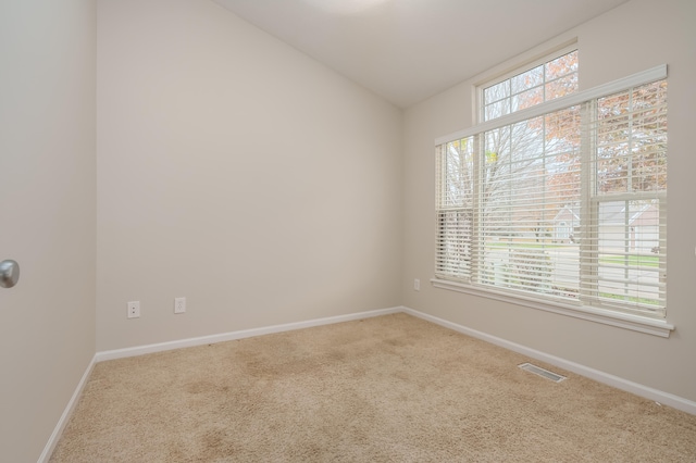 spare room featuring carpet, lofted ceiling, and a healthy amount of sunlight