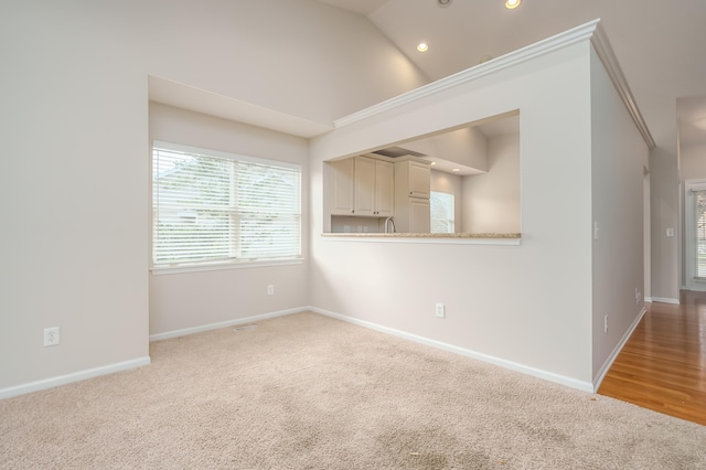 spare room featuring carpet floors and high vaulted ceiling