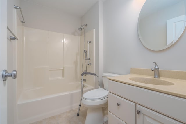 full bathroom with tile patterned flooring, vanity, tub / shower combination, and toilet