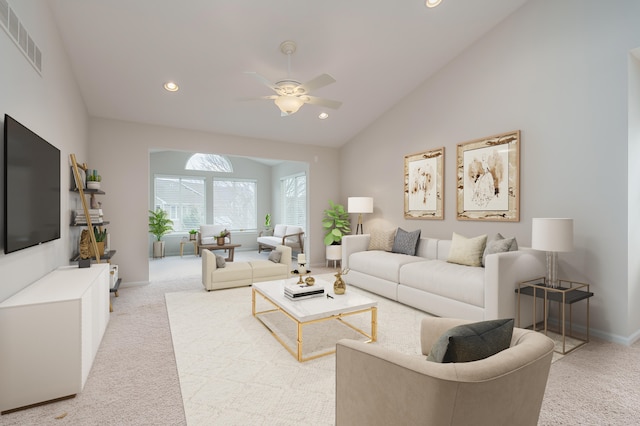 living room featuring light carpet, high vaulted ceiling, and ceiling fan