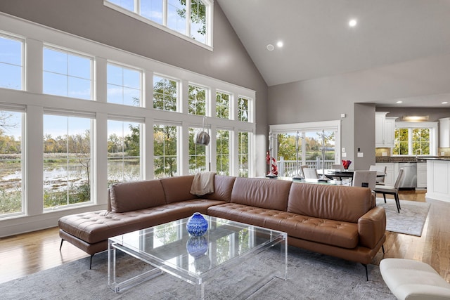 living area with light wood finished floors, a towering ceiling, and recessed lighting