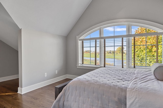 bedroom featuring lofted ceiling, baseboards, and wood finished floors