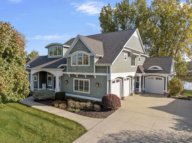 shingle-style home featuring roof with shingles, driveway, and a front lawn