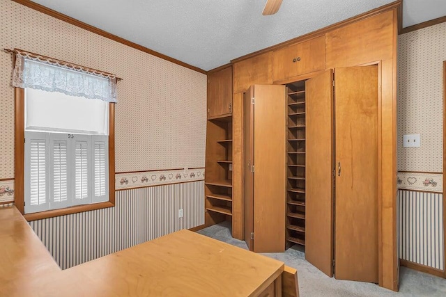 home office featuring light carpet, radiator, crown molding, ceiling fan, and a textured ceiling