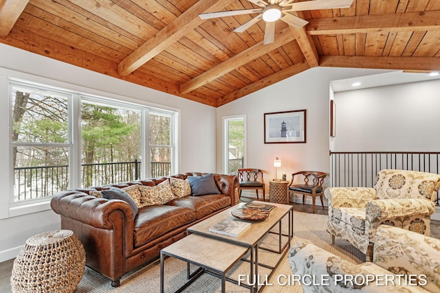 living room with hardwood / wood-style flooring, lofted ceiling with beams, ceiling fan, and wood ceiling