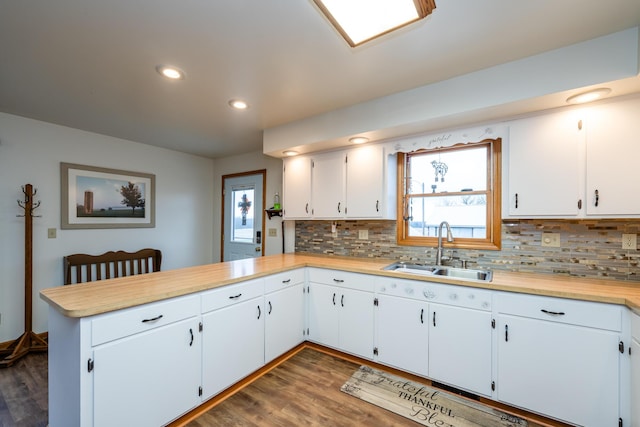 kitchen featuring kitchen peninsula, tasteful backsplash, sink, white cabinets, and dark hardwood / wood-style floors