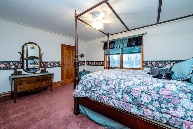 bedroom with carpet floors, ceiling fan, and ornamental molding