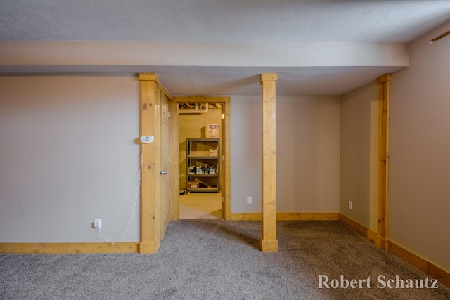 basement featuring light colored carpet