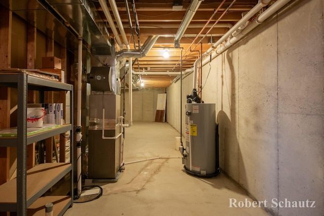 basement with heating unit and water heater