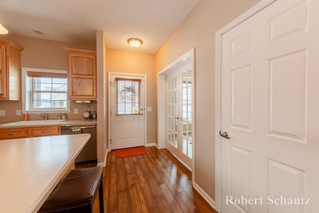 doorway to outside with dark hardwood / wood-style flooring, sink, and a healthy amount of sunlight