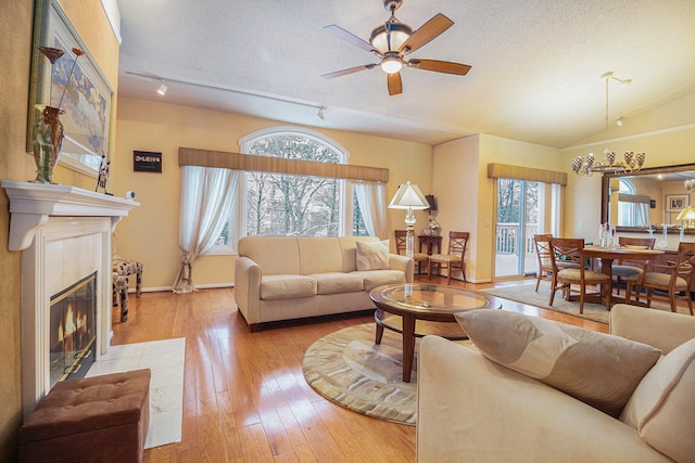 living room featuring a textured ceiling, light hardwood / wood-style flooring, plenty of natural light, and lofted ceiling