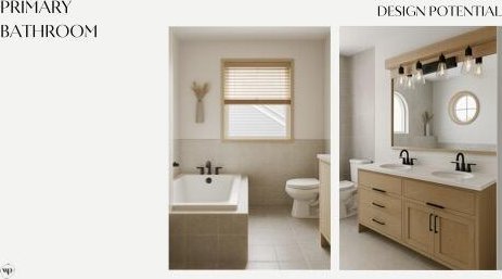 585 Crescent Dr, Holland, MI 49423 - full bath featuring healthy amount of natural light, a bath, double vanity, and tile patterned flooring