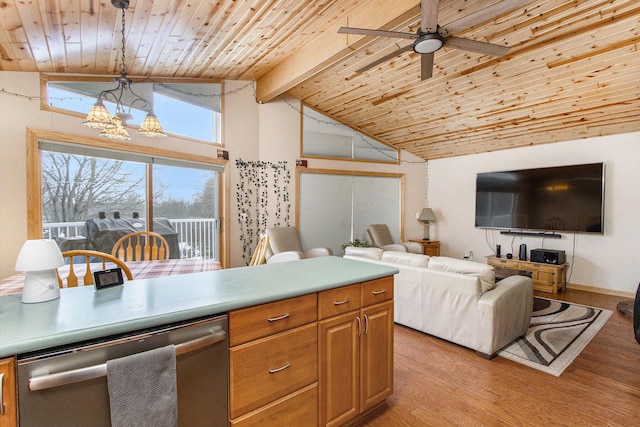 kitchen featuring pendant lighting, dishwasher, wooden ceiling, vaulted ceiling with beams, and light wood-type flooring